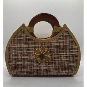 Vintage multicolor woven straw flower handbag with wood handle and zipper